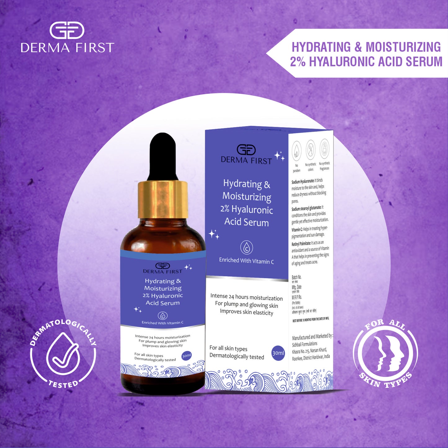 Derma First Moisturizing Face Serum | Vitamin C & Hyaluronic Acid | 30ml | Deep Hydration & 24-Hour Moisturization | No Parabens, Sulphates, or Artificial Chemicals | Glow & Plump Skin | Dermatologically Tested I Pack of 1