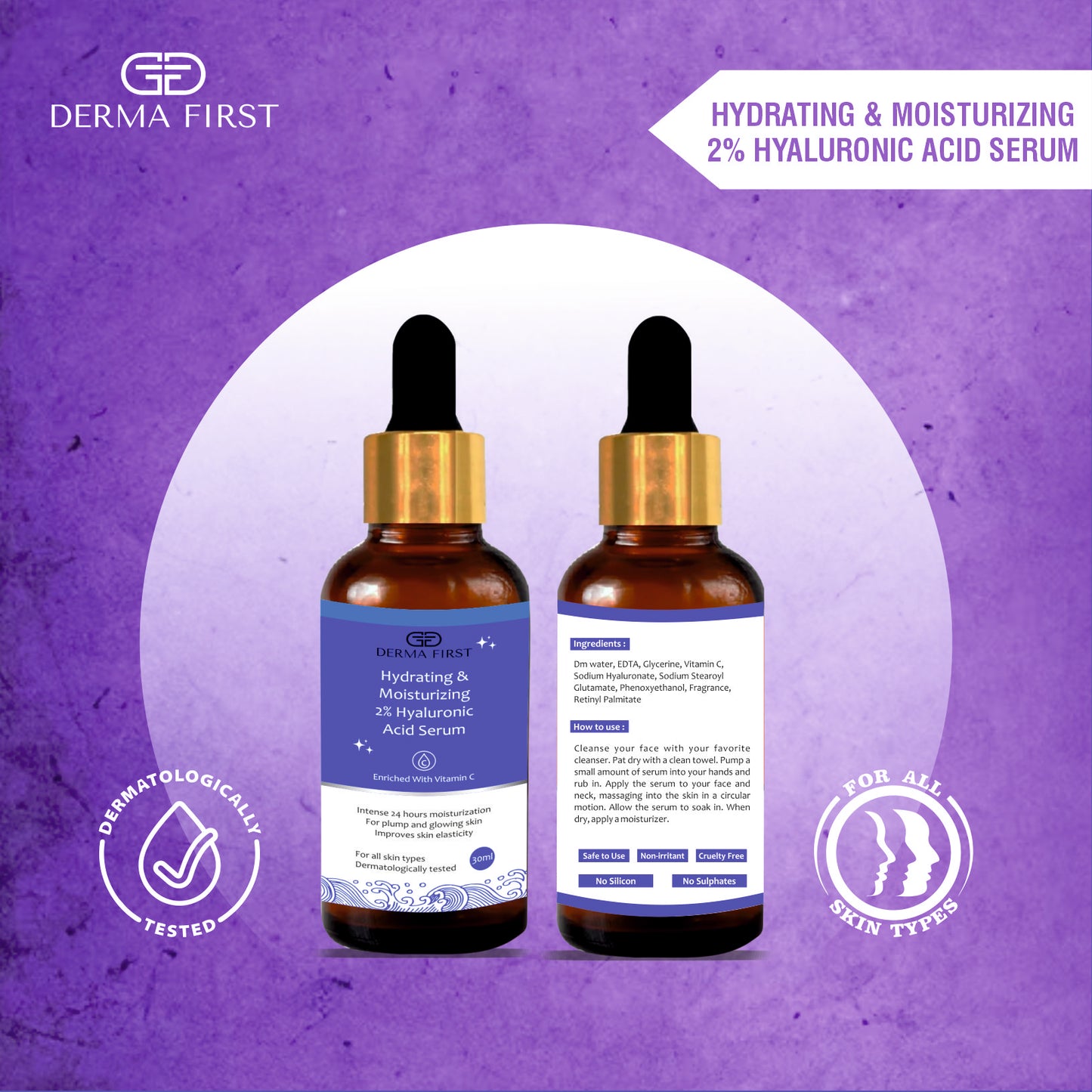 Derma First Moisturizing Face Serum | Vitamin C & Hyaluronic Acid | 30ml | Deep Hydration & 24-Hour Moisturization | No Parabens, Sulphates, or Artificial Chemicals | Glow & Plump Skin | Dermatologically Tested I Pack of 1