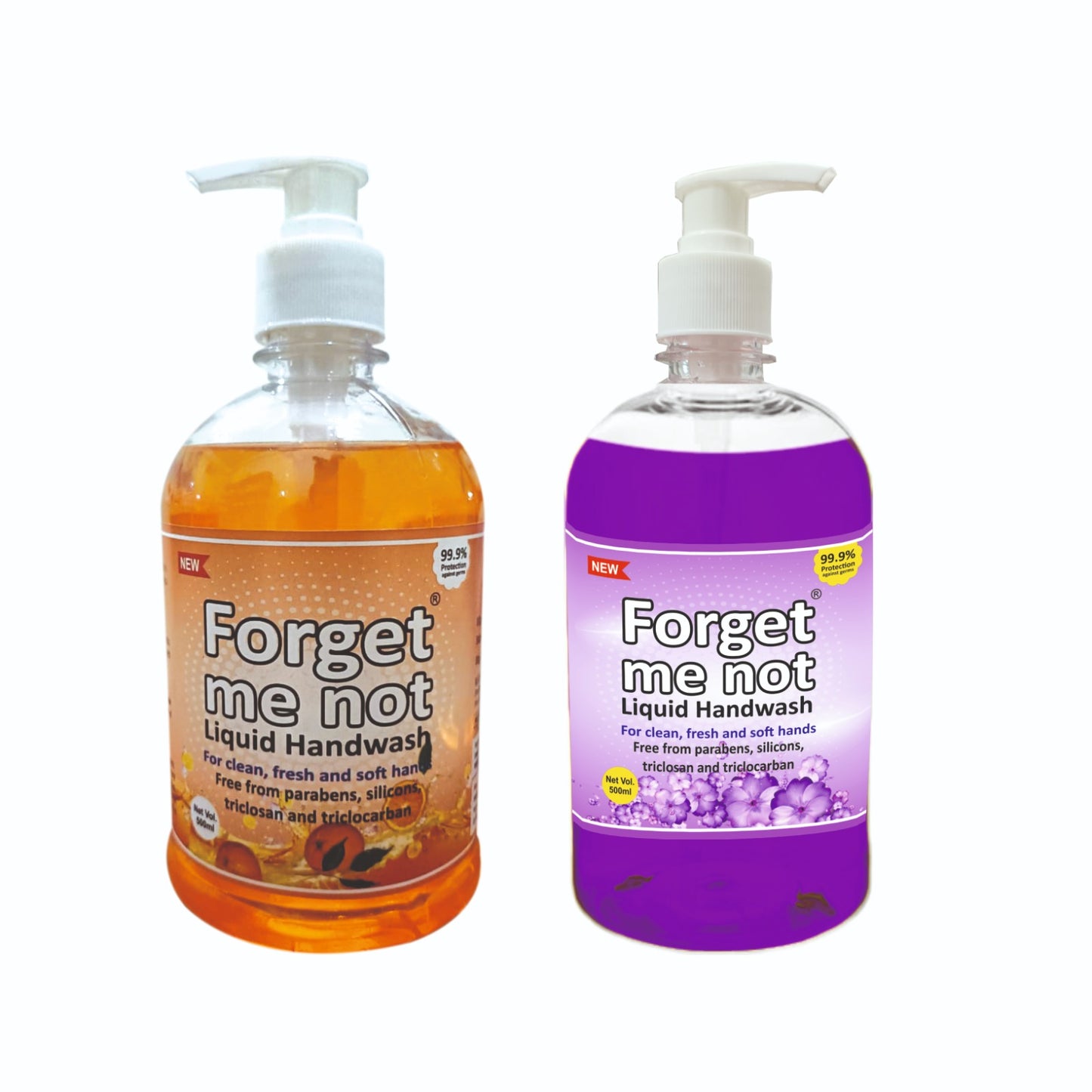 Forget Me Not Lavender & Orange Liquid Handwash | For Clean, Fresh & Soft Hands | No Synthetic Colors, Triclosan, Triclocarban, Paraben & Sulphate | 500ML Each (Pack of 2) | Gentle & Refreshing