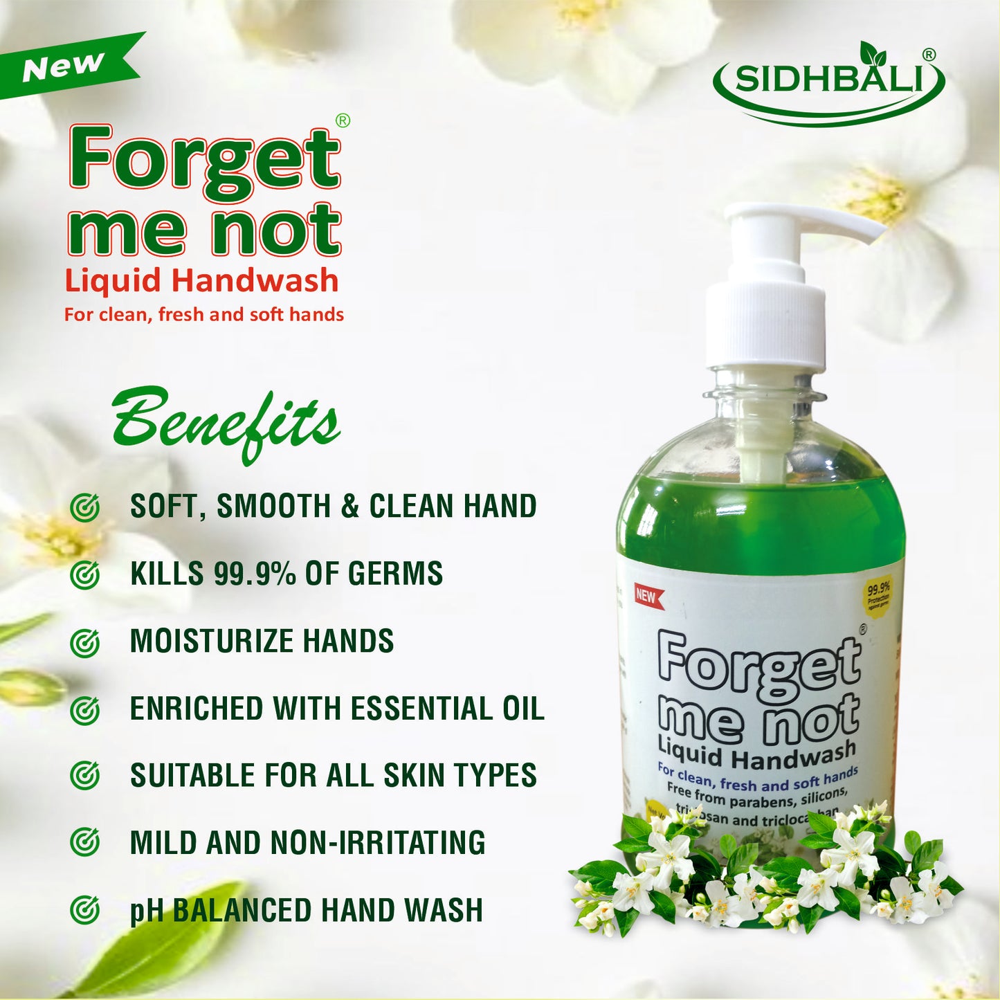 Forget Me Not Liquid Jasmine Handwash | No Synthetic Colors, Triclosan, Triclocarban, Paraben & Sulphate | 500ML Each (Pack of 1) | Gentle & Refreshing Clean