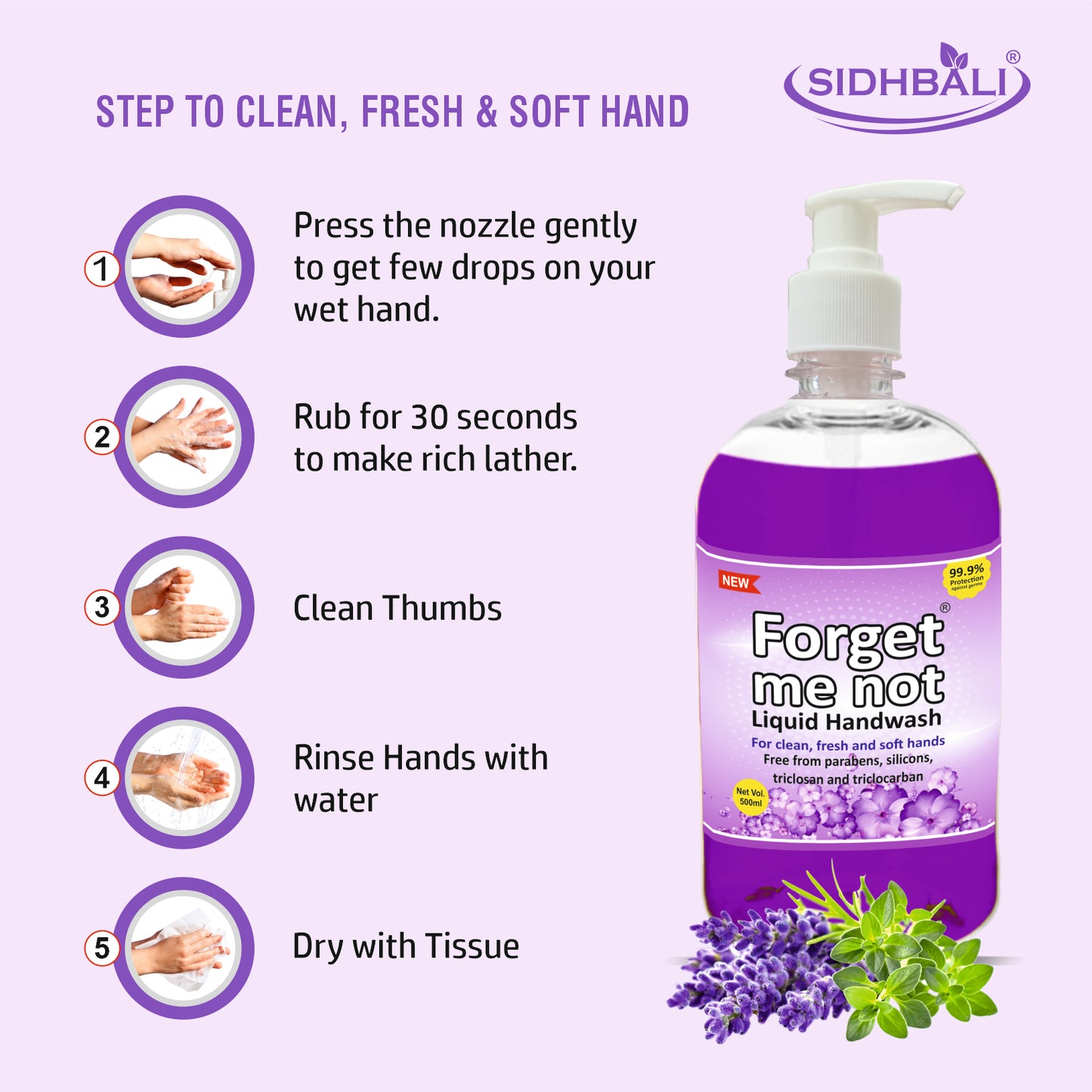 Forget Me Not Liquid Handwash | Lavender & Aloe Vera with Neem Extract | No Synthetic Colors, Triclosan, Triclocarban, Paraben & Sulphate | 500ML Each (Pack of 1) | Gentle & Refreshing