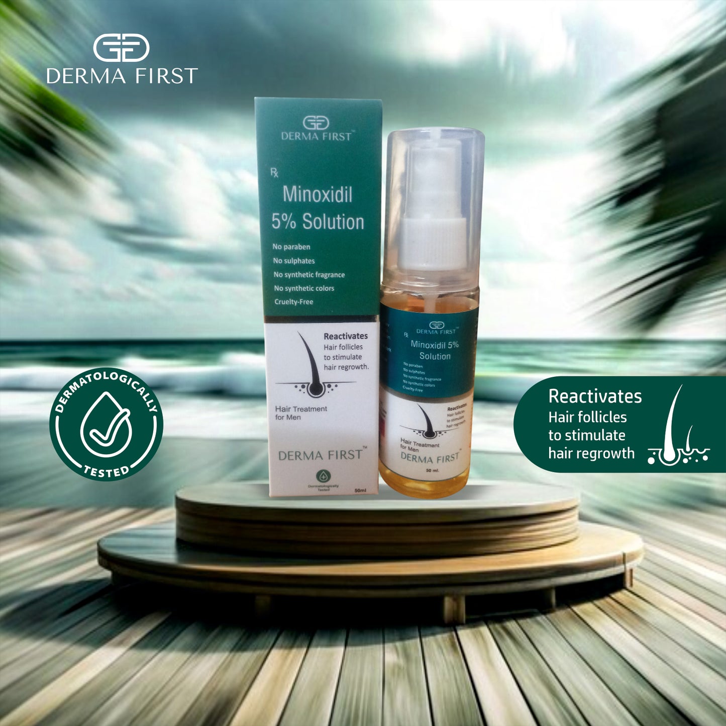 Derma First Minoxidil 5% Solution | Hair Regrowth Treatment for Men | Reactivates Hair Follicles | No Parabens & Sulphate | Promotes Thicker & Fuller Hair | 50ml I Pack of 1