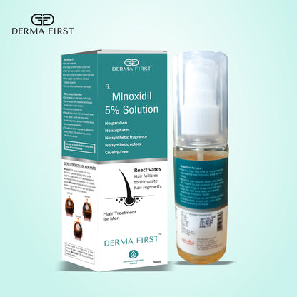 Derma First Minoxidil 5% Solution | Hair Regrowth Treatment for Men | Reactivates Hair Follicles | No Parabens & Sulphate | Promotes Thicker & Fuller Hair | 50ml I Pack of 1