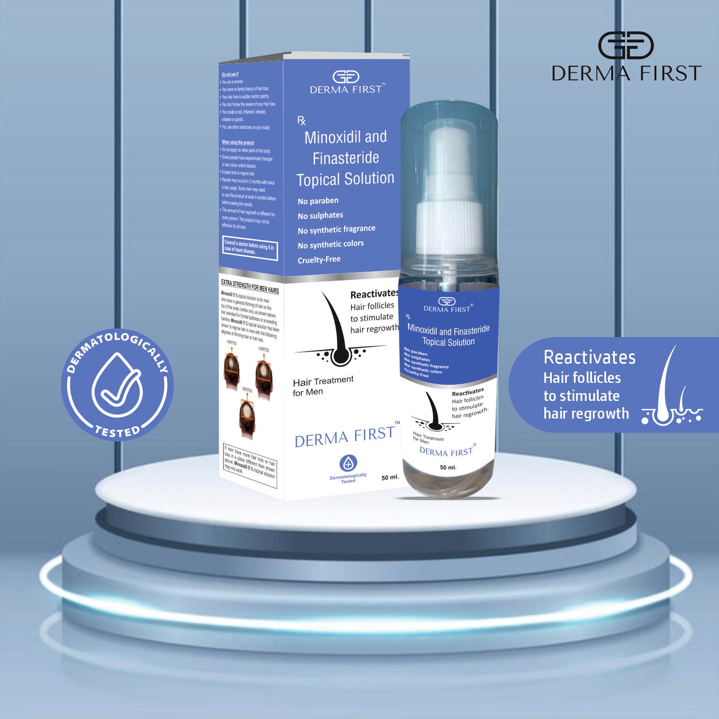 Derma First Minoxidil & Finasteride Topical Solution | Hair Regrowth Treatment For Men | Reactivates Hair Follicles & Boosts Hair Growth | Repairs Damaged Hair & Increases Hair Density | 50ml I Pack of 1