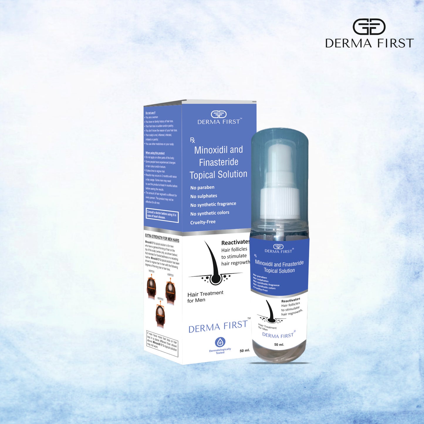 Derma First Minoxidil & Finasteride Topical Solution | Hair Regrowth Treatment For Men | Reactivates Hair Follicles & Boosts Hair Growth | Repairs Damaged Hair & Increases Hair Density | 50ml I Pack of 1