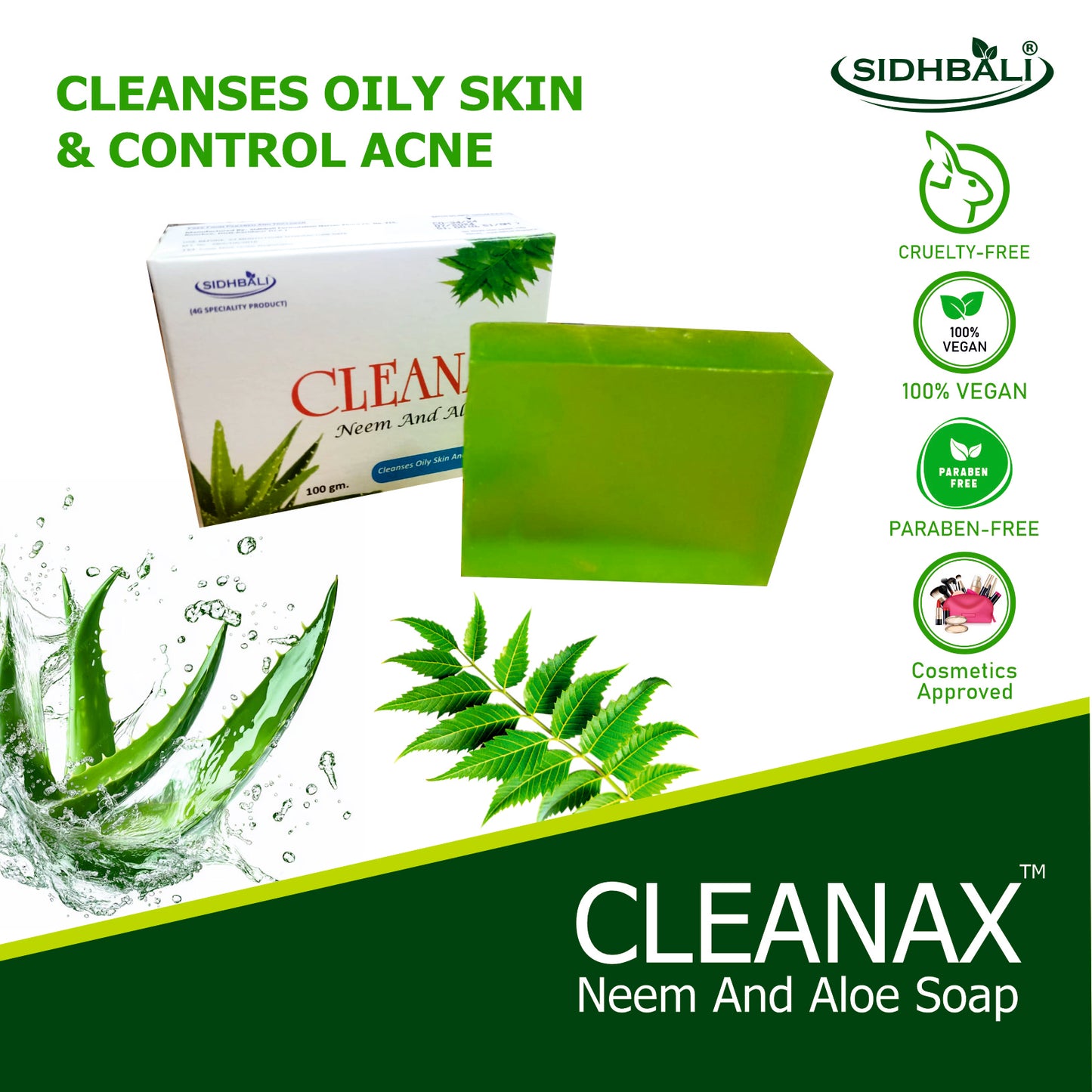 Sidhbali Cleanax Neem Aloe Vera I 4 X 400 Gram I oil Control & Nourishing Skin I Suitable For All Skin Type I Pack of 4