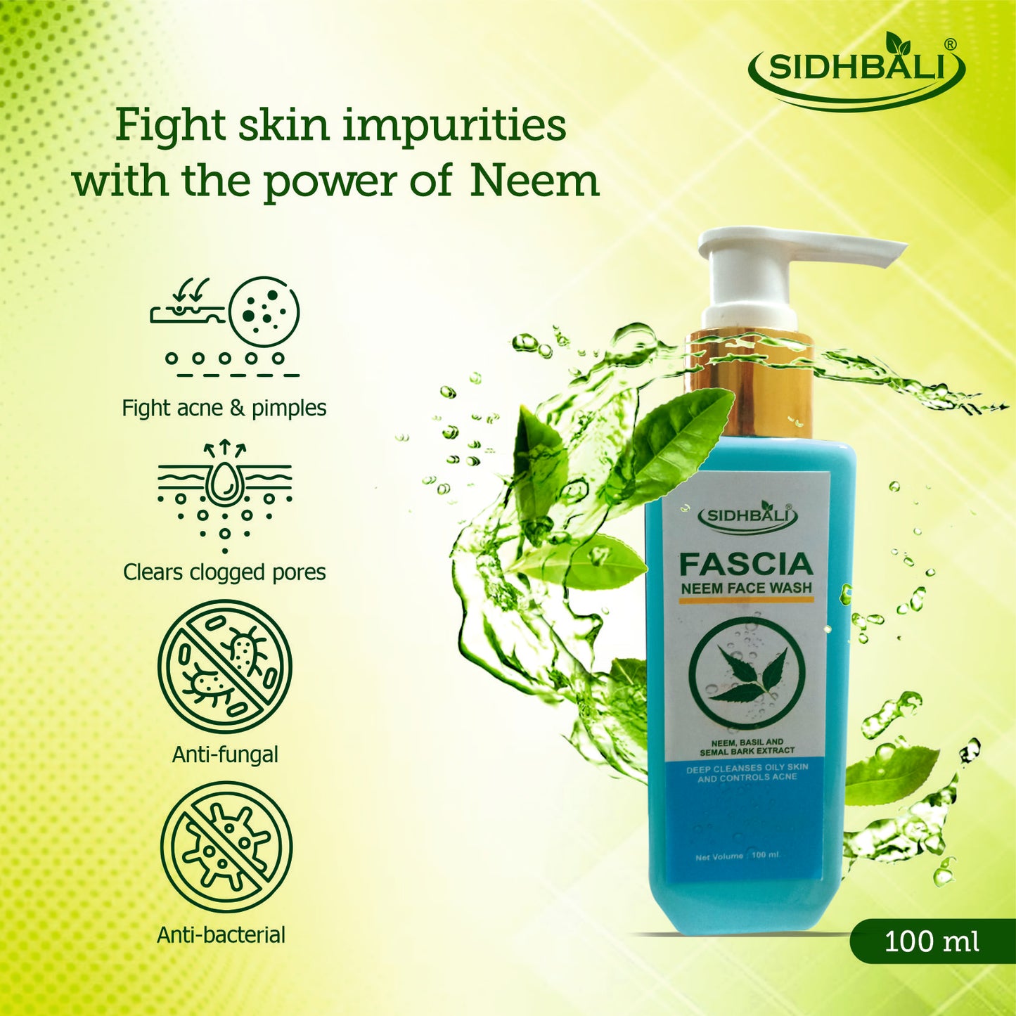 Fascia Neem Face Wash | Deep Cleanses Oily Skin & Controls Acne | Anti-Fungal & Anti-Bacterial | Clears Clogged Pores | Enriched with Neem, Basil & Semal Extract | 100ml