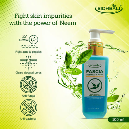 Fascia Neem Face Wash | Deep Cleanses Oily Skin & Controls Acne | Anti-Fungal & Anti-Bacterial | Clears Clogged Pores | Enriched with Neem, Basil & Semal Extract | 100ml