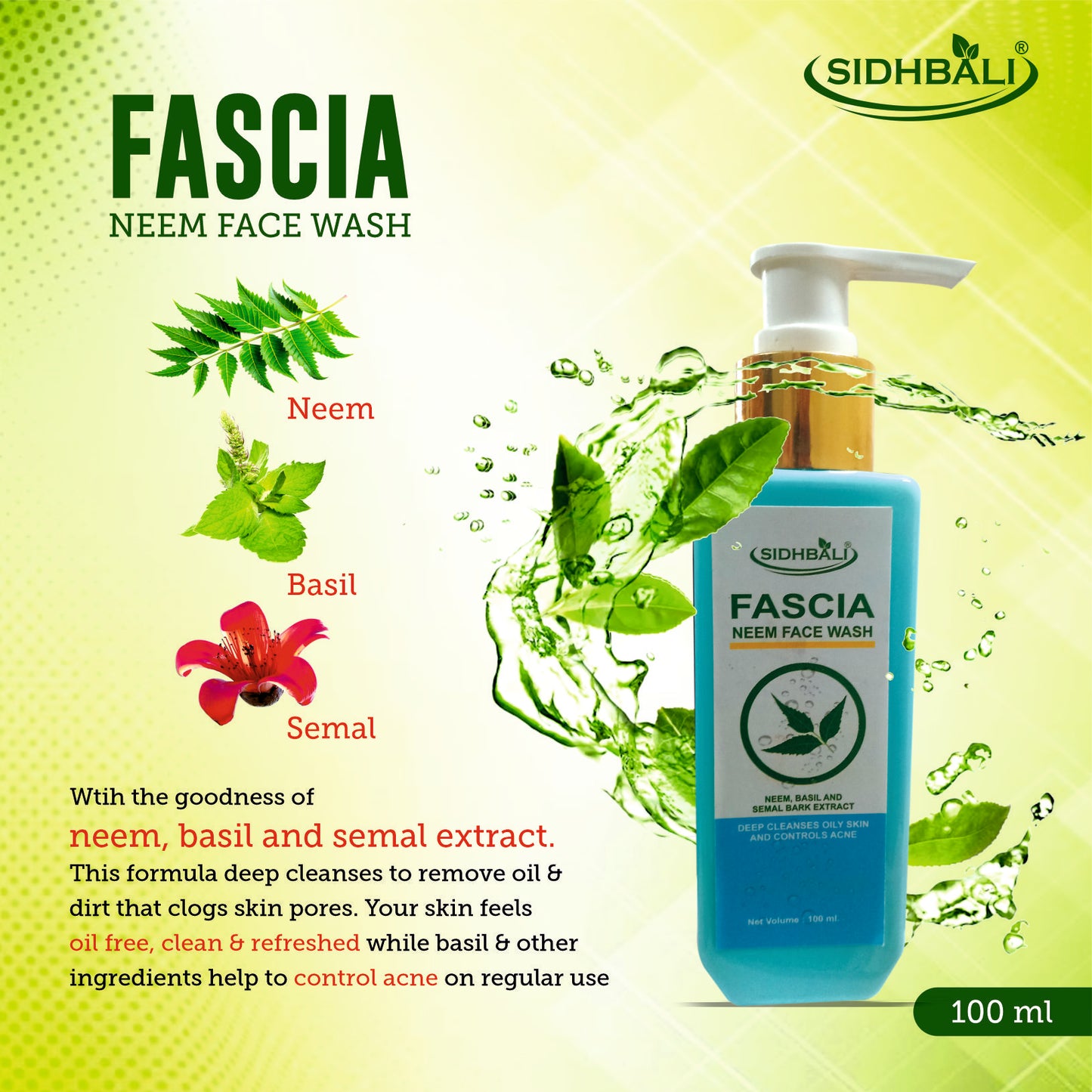 Fascia Neem Face Wash | Deep Cleanses Oily Skin & Controls Acne | Anti-Fungal & Anti-Bacterial | Clears Clogged Pores | Enriched with Neem, Basil & Semal Extract | 100ml