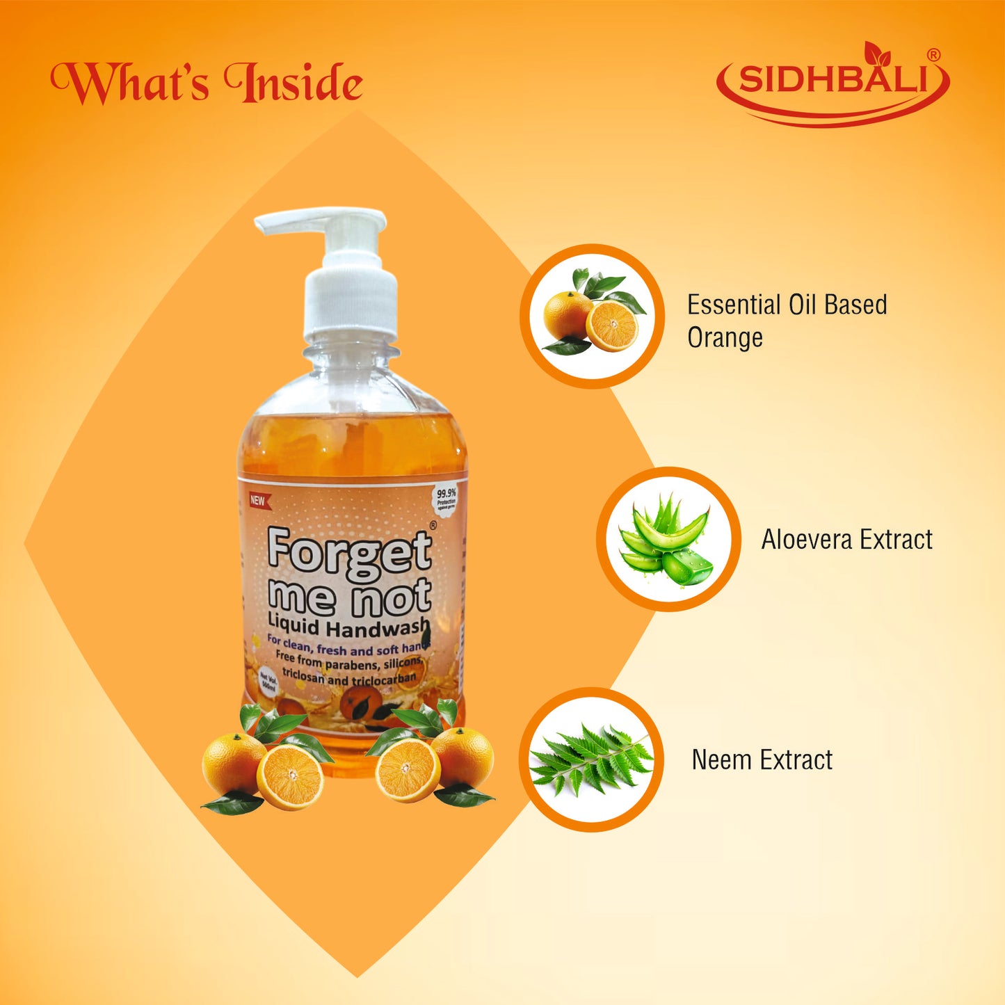 Forget Me Not Liquid Handwash | Orange & Aloe Vera with Neem Extract | No Synthetic Colors, Triclosan, Triclocarban, Paraben & Sulphate | 500ML Each (Pack of 2) | Gentle & Refreshing Clean