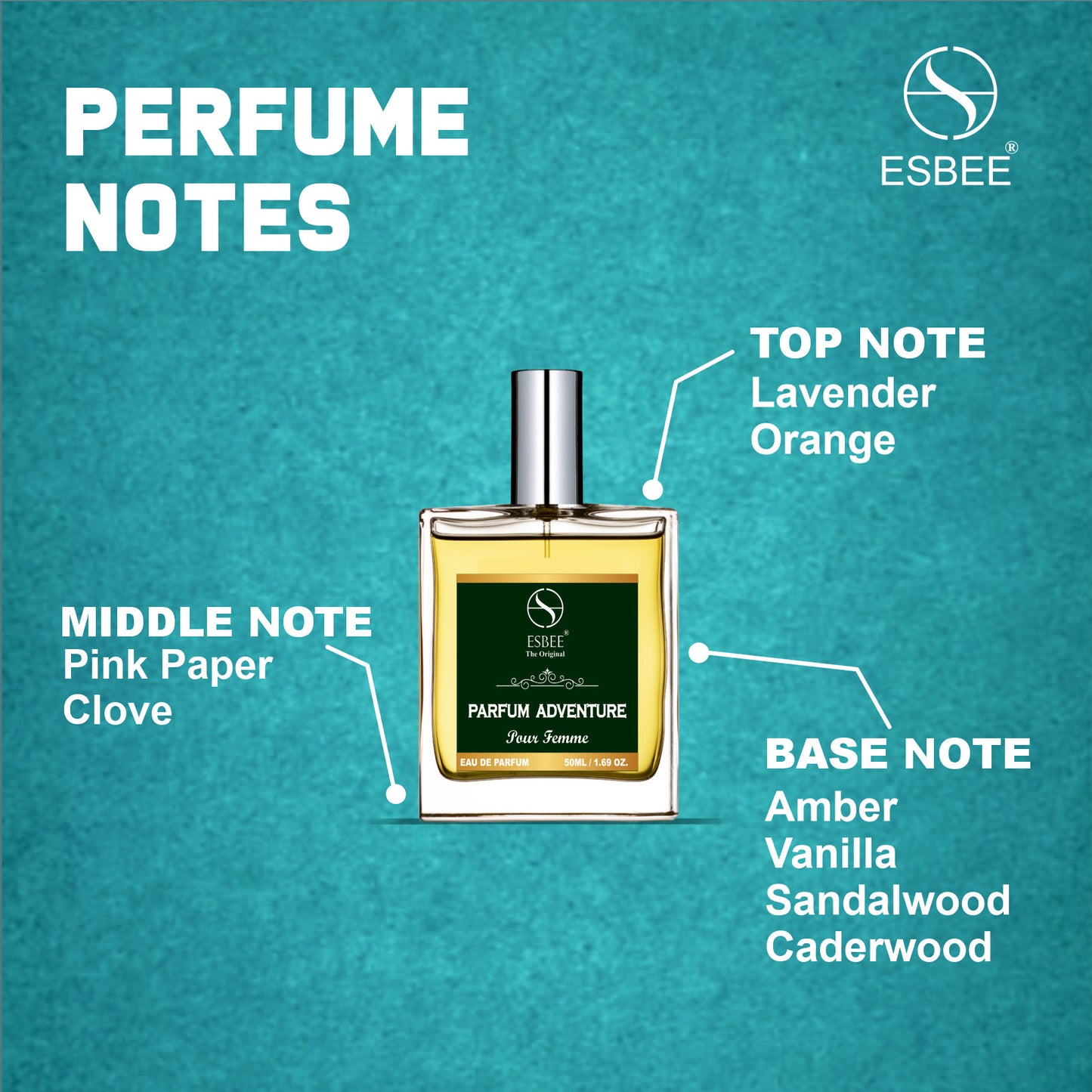 Esbee The Perfum Adventure for Men | Long-Lasting Luxury Fragrance | 50ML | Premium Scent with lavender, Orange, Pink Paper Clove Amber, Vanilla, Sandalwood, Caderwood | Up to 10-Hour Wear I Pack of 1