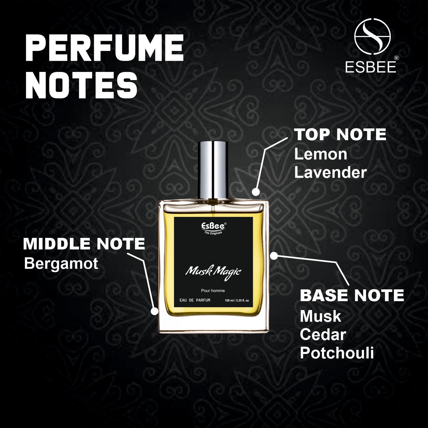 Esbee The Musk Magic for Men | Long-Lasting Luxury Fragrance | 100ML | Premium Scent with Bergamot, Lemon, Lavender, Musk, Cedar & Potchouli | Up to 10-Hour Wear I Pack of 1