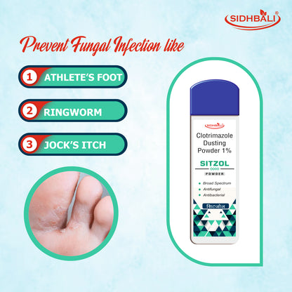 Sitzol Clotrimazole Dusting Powder 1% | Antifungal & Antibacterial Powder for Prickly Heat, Itching, Athlete’s Foot, Ringworm, Jock Itch & Skin Infections | Broad Spectrum Treatment | Pack of 1