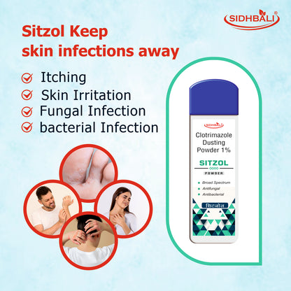 Sitzol Clotrimazole Dusting Powder 1% | Antifungal & Antibacterial Powder for Prickly Heat, Itching, Athlete’s Foot, Ringworm, Jock Itch & Skin Infections | Broad Spectrum Treatment | Pack of 1