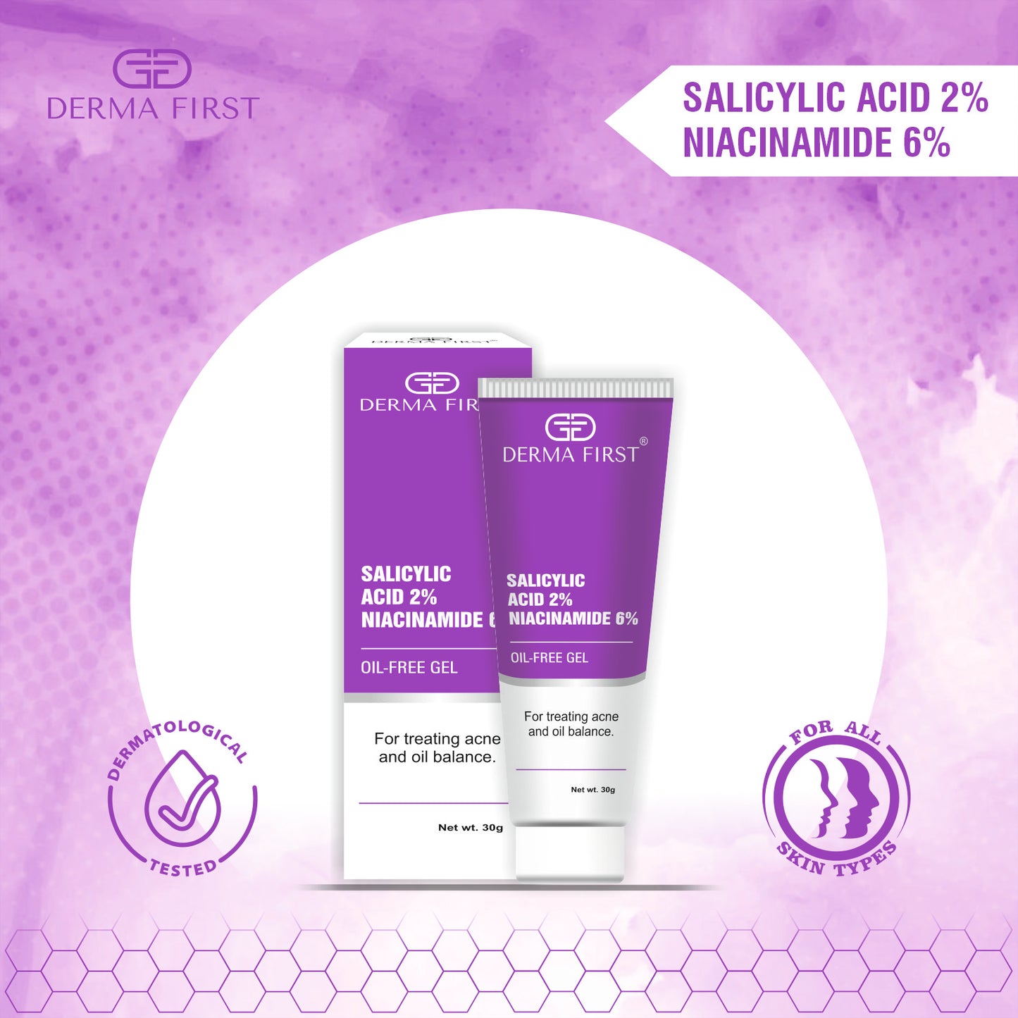 Derma First Anti-Acne Oil-Free Gel, Salicylic Acid 2%, Niacinamide 6%, For Active Acne, Oil Balance, Tightens Pores, 30G I Pack of 1