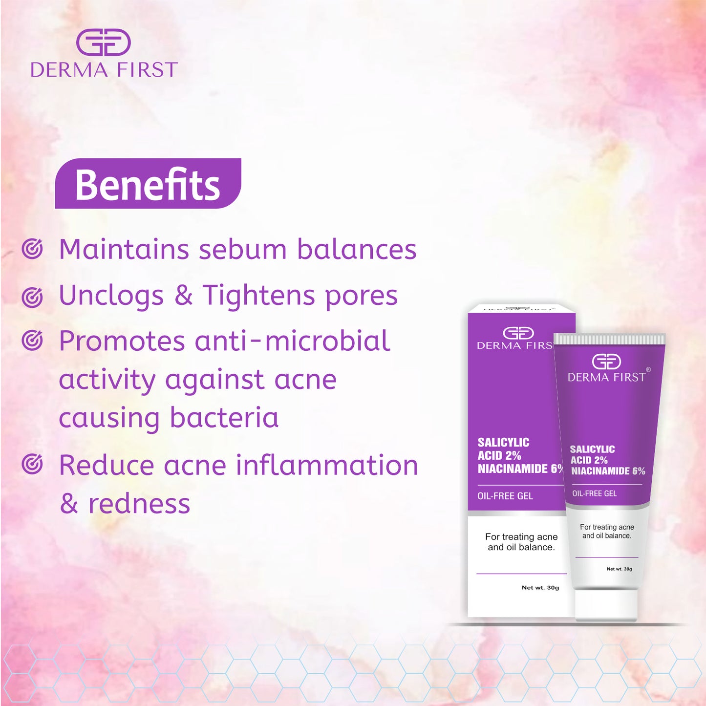 Derma First Anti-Acne Oil-Free Gel, Salicylic Acid 2%, Niacinamide 6%, For Active Acne, Oil Balance, Tightens Pores, 30G I Pack of 1