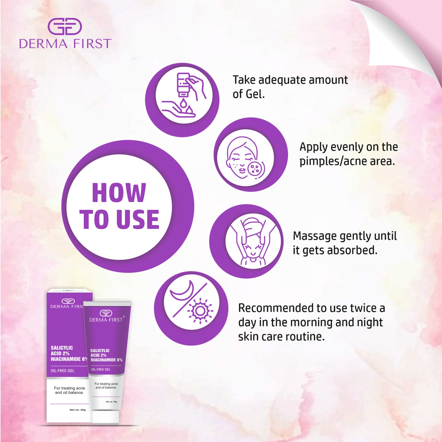 Derma First Anti-Acne Oil-Free Gel, Salicylic Acid 2%, Niacinamide 6%, For Active Acne, Oil Balance, Tightens Pores, 30G I Pack of 1