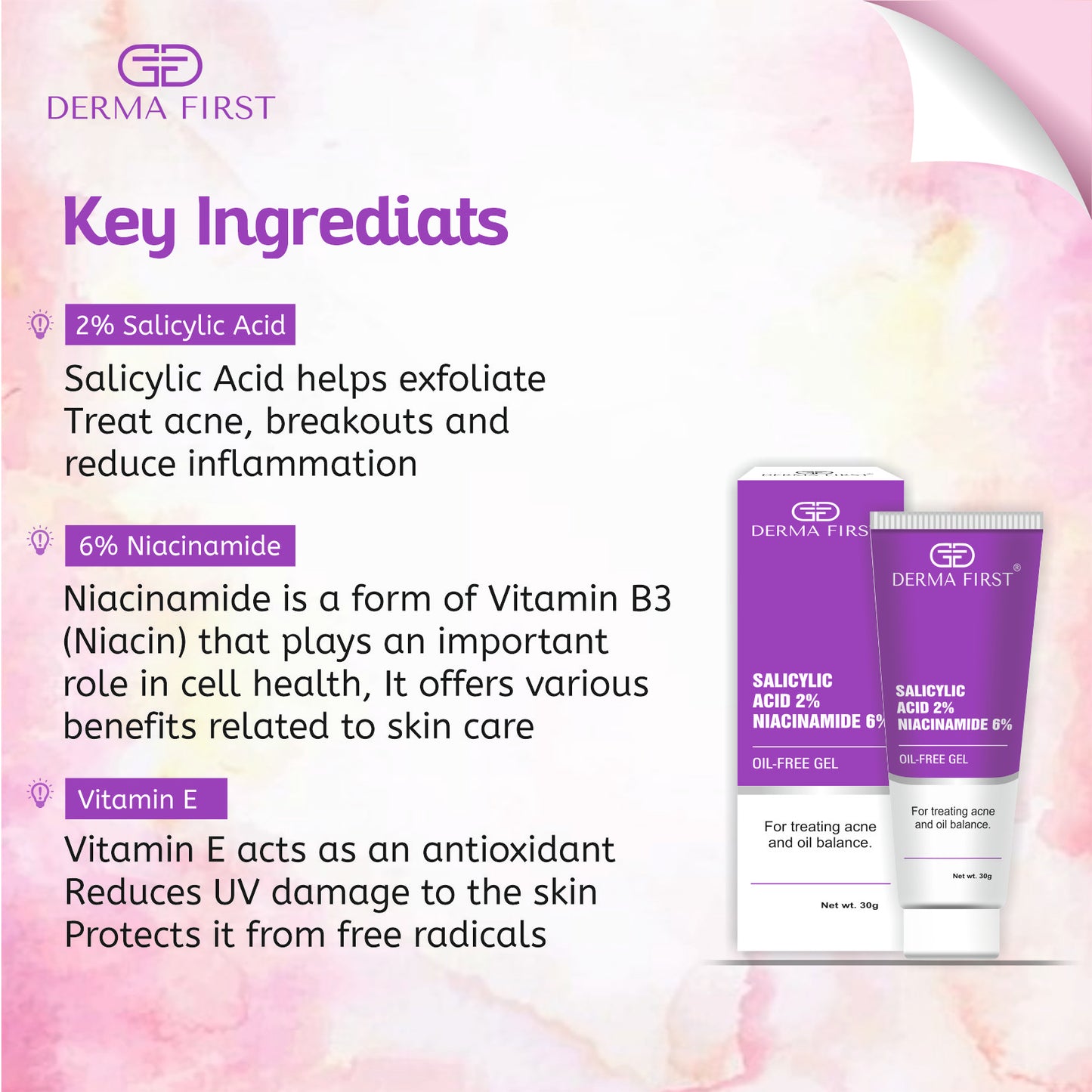 Derma First Anti-Acne Oil-Free Gel, Salicylic Acid 2%, Niacinamide 6%, For Active Acne, Oil Balance, Tightens Pores, 30G I Pack of 1