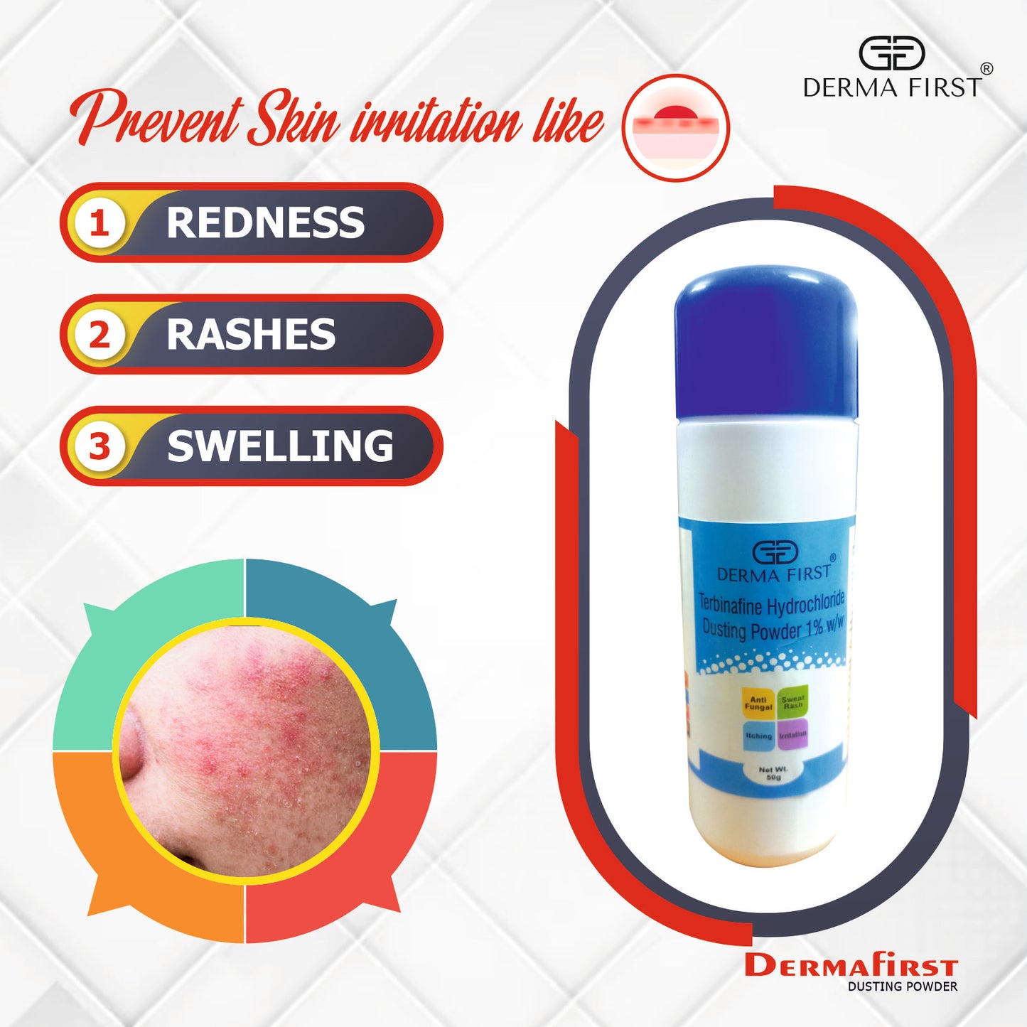 Derma First Terbinafine Hydrochloride 1% Dusting Powder | Anti-Fungal Treatment for Sweat Rash, Itching, Irritation, Redness & Rashes | Expert Skin Solution | 50g I Pack of 2