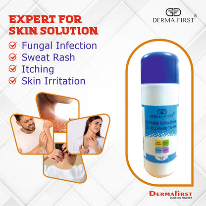 Derma First Terbinafine Hydrochloride 1% Dusting Powder | Anti-Fungal Treatment for Sweat Rash, Itching, Irritation, Redness & Rashes | Expert Skin Solution | 50g I Pack of 2