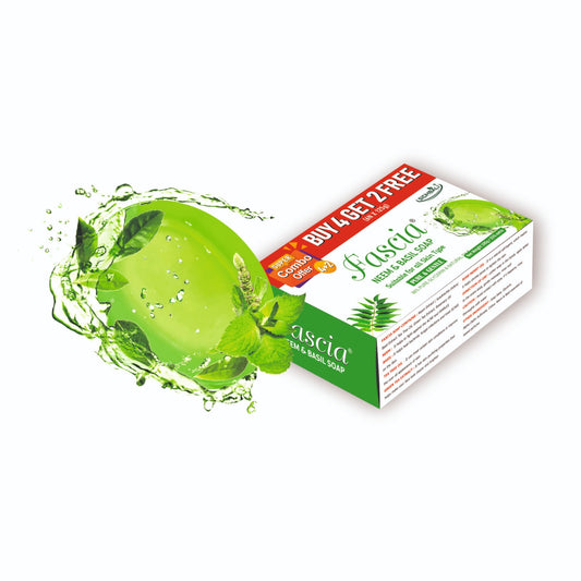 Fascia Neem & Basil Soap | Pure & Gentle for All Skin Types | 98% Pure Glycerin & Natural Oils, Tea Tree Oil, Allantoin, Vitamin E & Neem Extract | Paraben-Free, Cruelty-Free (Pack of 1) (Get 4+2 Free) 125g Each