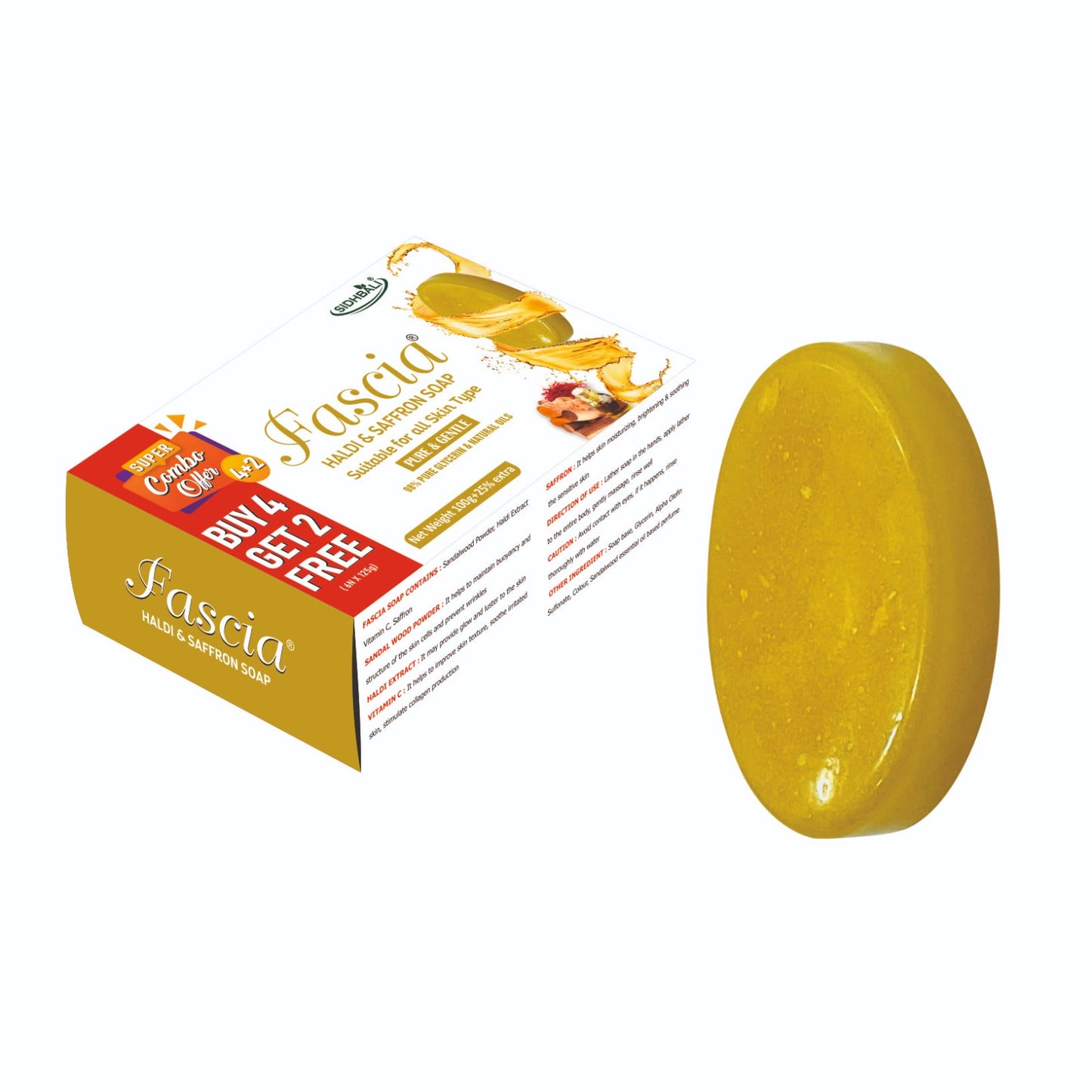 FASCIA Haldi & Saffron Soap | Pure & Gentle with 98% Pure Glycerin & Natural Oils, Sandalwood Powder, Haldi Extract, Vitamin C & Saffron | 100% Vegan, Paraben & Cruelty Free | Pack of 1 + Get 4+2 Free I 125g