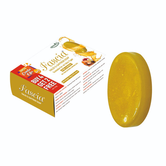 FASCIA Haldi & Saffron Soap | Pure & Gentle with 98% Pure Glycerin & Natural Oils, Sandalwood Powder, Haldi Extract, Vitamin C & Saffron | 100% Vegan, Paraben & Cruelty Free | Pack of 1 + Get 4+2 Free I 125g