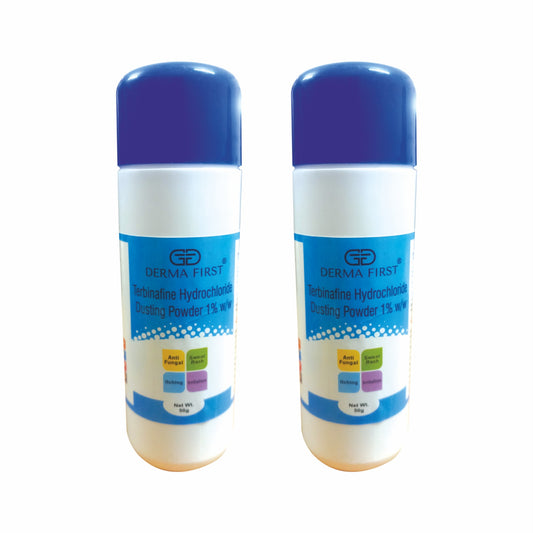 Derma First Terbinafine Hydrochloride 1% Dusting Powder | Anti-Fungal Treatment for Sweat Rash, Itching, Irritation, Redness & Rashes | Expert Skin Solution | 50g I Pack of 2