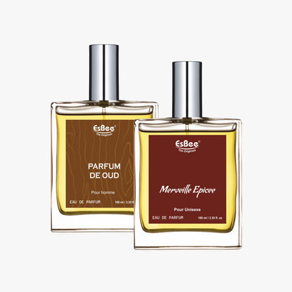 Esbee Parfum De Oud & Merveille Epicee Perfume Set | Luxury Fragrance for Couples | 100ML Each | Long-Lasting Scent with Oud, Floral & Woody Notes | Up to 10-Hour Wear I Pack of 2