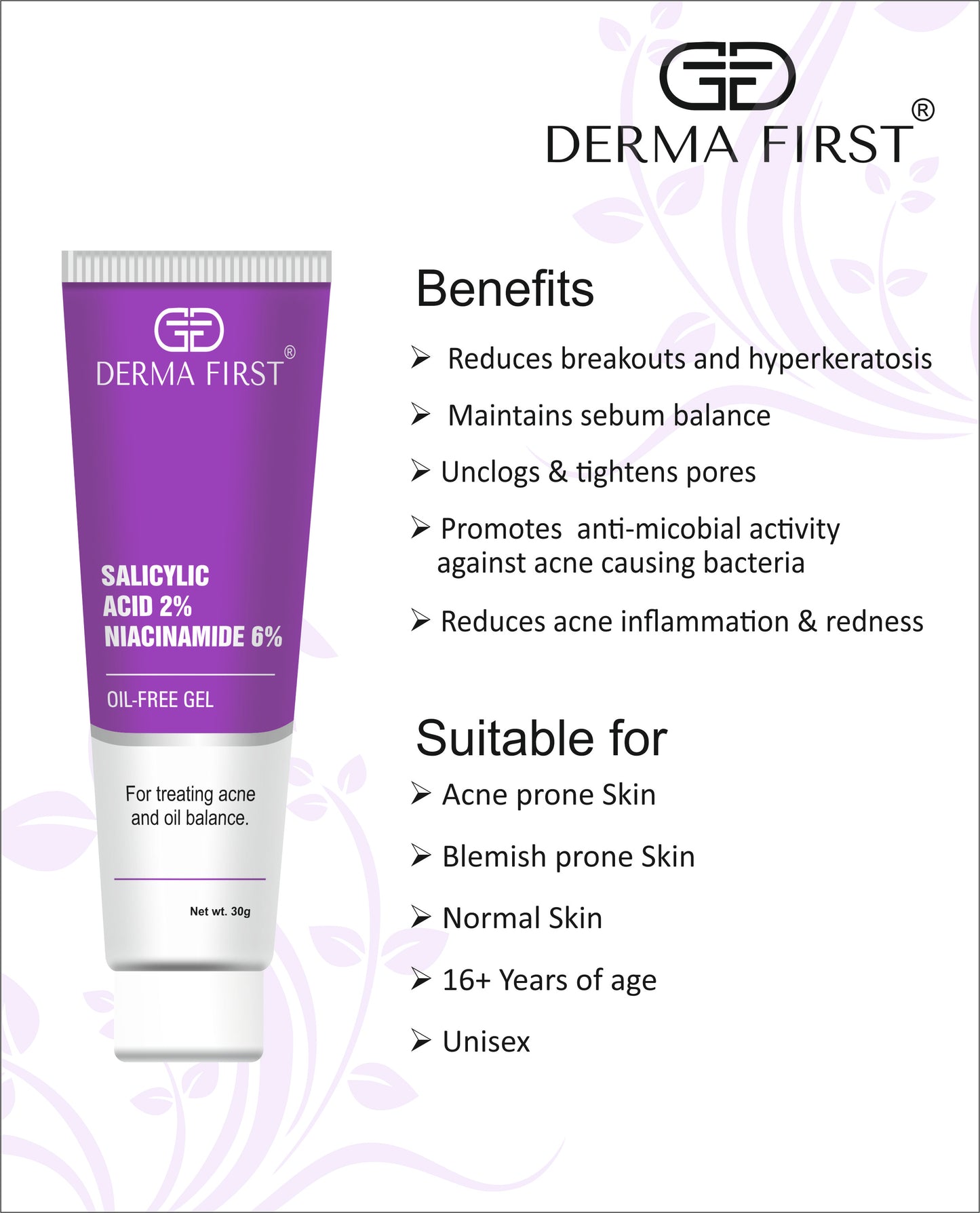 Derma First Anti-Acne Oil-Free Gel, Salicylic Acid 2%, Niacinamide 6%, For Active Acne, Oil Balance, Tightens Pores, 30G I Pack of 1